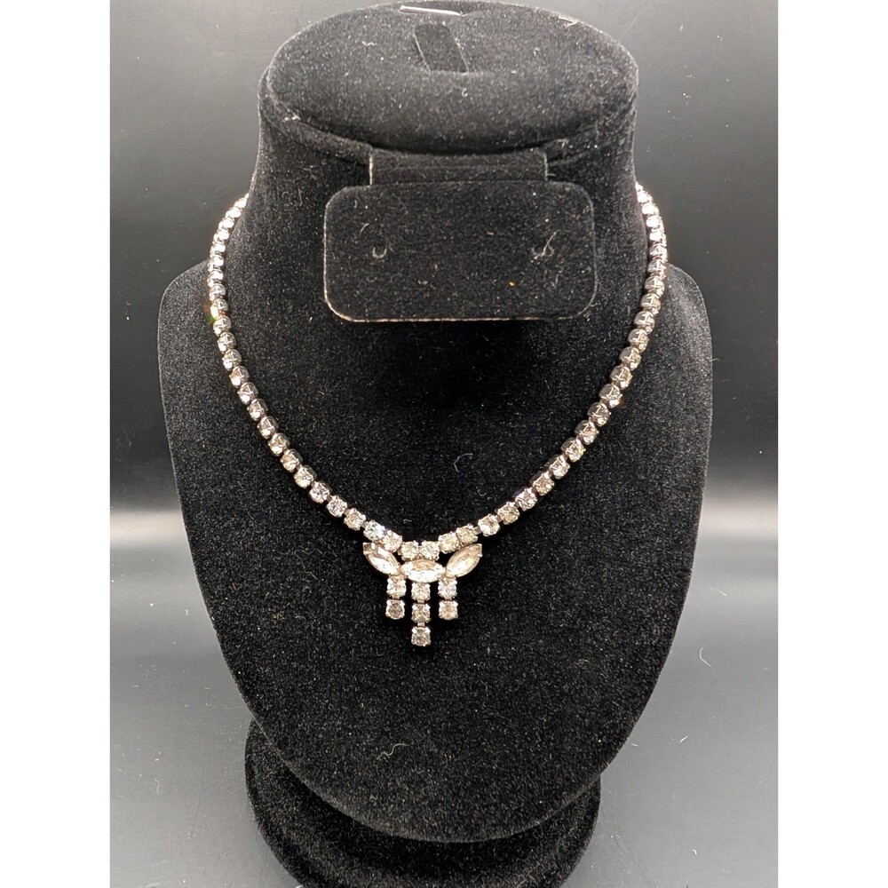 Vintage Clear Rhinestone Silver Tone Statement Necklace